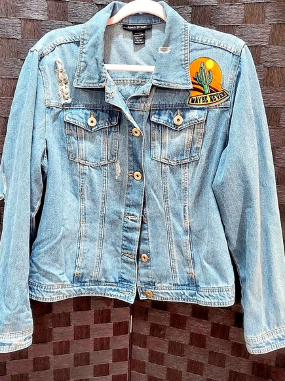 Ashley Stewart Distressed Denim Jacket with Cactus Patch Blue 14/16